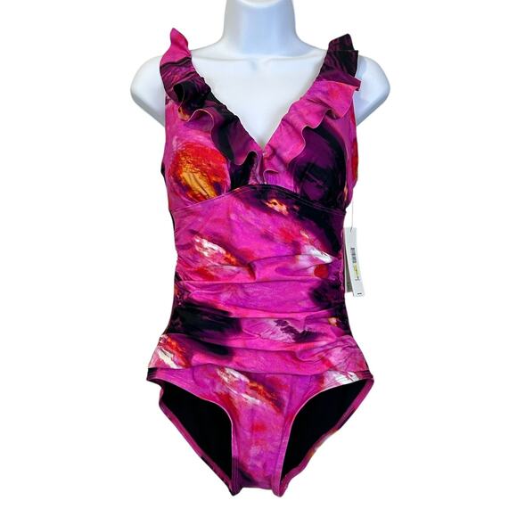 DKNY Tie-Back Halter Style One-Piece Swimsuit Abstract Mirage Women's Medium NWT - Picture 2 of 12